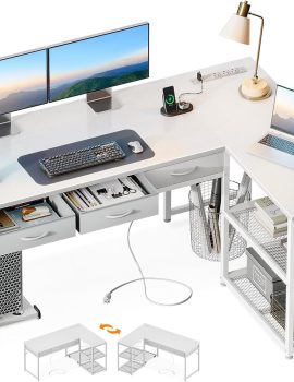AODK 53 Inch L Shaped Computer Desk with Drawers, Corner Desk with Power Outlets & Reversible Storage Shelves, Movable CPU Stand for Home Office Gaming, White