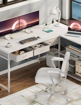AODK 53 Inch L Shaped Computer Desk with Drawers, Corner Desk with Power Outlets & Reversible Storage Shelves, Movable CPU Stand for Home Office Gaming, White