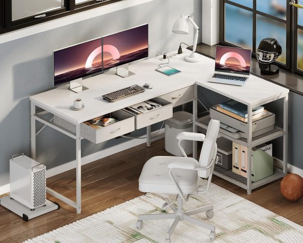 AODK 53 Inch L Shaped Computer Desk with Drawers, Corner Desk with Power Outlets & Reversible Storage Shelves, Movable CPU Stand for Home Office Gaming, White - Image 2
