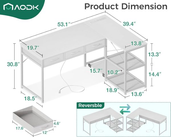 AODK 53 Inch L Shaped Computer Desk with Drawers, Corner Desk with Power Outlets & Reversible Storage Shelves, Movable CPU Stand for Home Office Gaming, White - Image 3