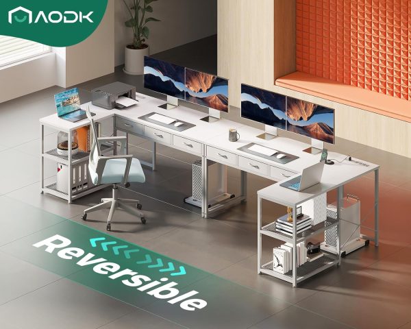 AODK 53 Inch L Shaped Computer Desk with Drawers, Corner Desk with Power Outlets & Reversible Storage Shelves, Movable CPU Stand for Home Office Gaming, White - Image 5