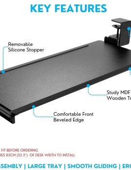 ErgoActive Wide Under Desk Slide Out Keyboard Tray with Clamp On Easy Installation, Fits Full Size Keyboard and Mouse, Under Desk Drawer (Wood Tray)