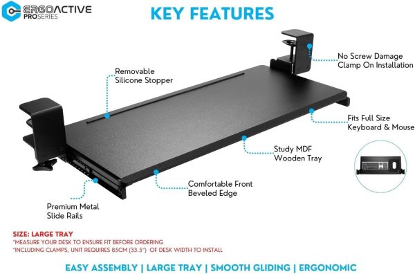 ErgoActive Wide Under Desk Slide Out Keyboard Tray with Clamp On Easy Installation, Fits Full Size Keyboard and Mouse, Under Desk Drawer (Wood Tray) - Image 2