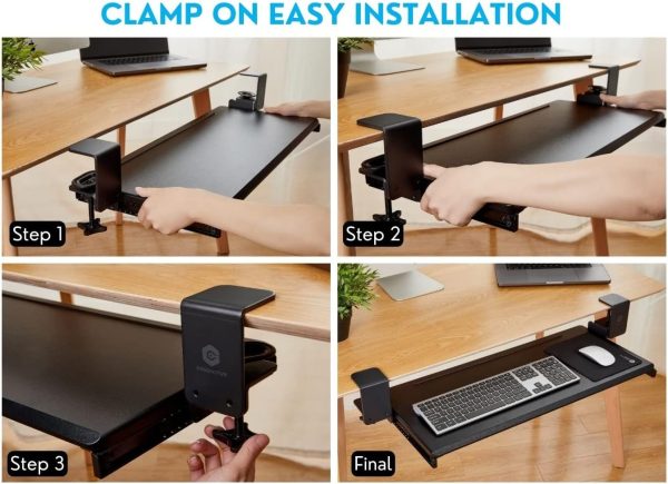 ErgoActive Wide Under Desk Slide Out Keyboard Tray with Clamp On Easy Installation, Fits Full Size Keyboard and Mouse, Under Desk Drawer (Wood Tray) - Image 4