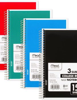 Mead Small Spiral Notebook, 3-Subject, College Ruled Paper, 9-1/2″ x 5-1/2″, 150 Sheets per Notebook, Color Will Vary, 1 Count (06900)