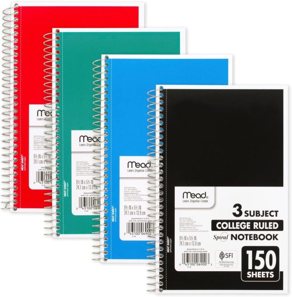 Mead Small Spiral Notebook, 3-Subject, College Ruled Paper, 9-1/2" x 5-1/2", 150 Sheets per Notebook, Color Will Vary, 1 Count (06900) - Image 2