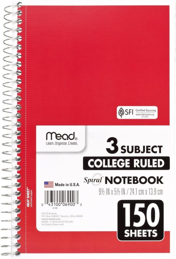 Mead Small Spiral Notebook, 3-Subject, College Ruled Paper, 9-1/2" x 5-1/2", 150 Sheets per Notebook, Color Will Vary, 1 Count (06900) - Image 11