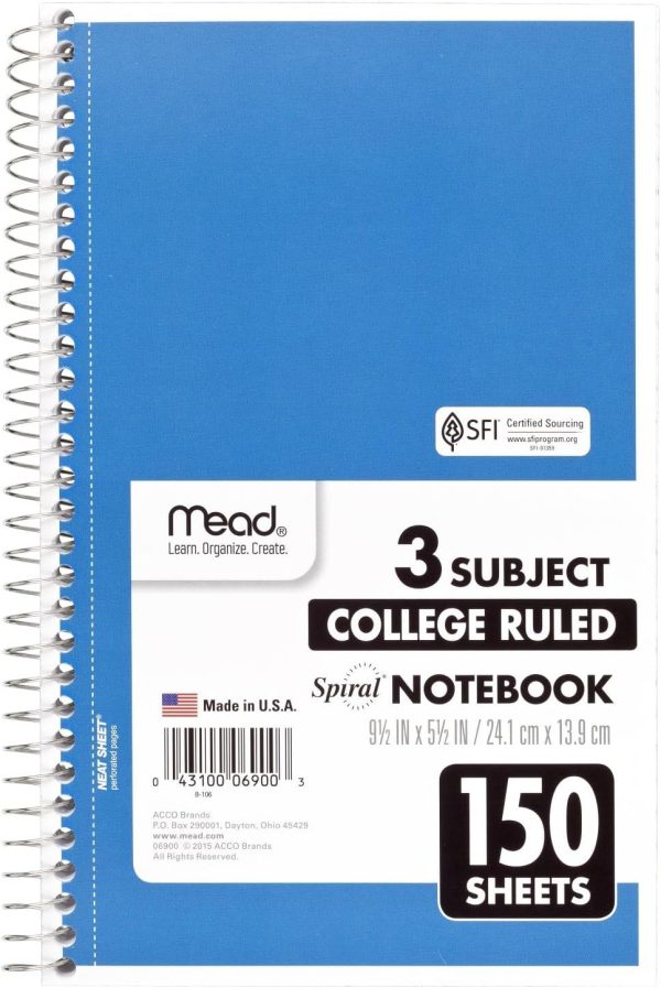 Mead Small Spiral Notebook, 3-Subject, College Ruled Paper, 9-1/2" x 5-1/2", 150 Sheets per Notebook, Color Will Vary, 1 Count (06900) - Image 9