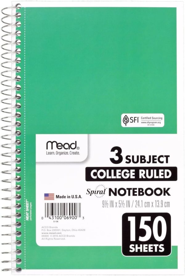 Mead Small Spiral Notebook, 3-Subject, College Ruled Paper, 9-1/2" x 5-1/2", 150 Sheets per Notebook, Color Will Vary, 1 Count (06900) - Image 10