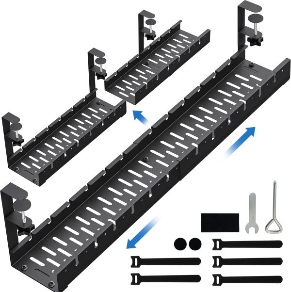 No Drilling Extendable Under Desk Cable Tray, Metal with Clamp, Retractable Power Strip Cord Holder for Wire Management 31Inch