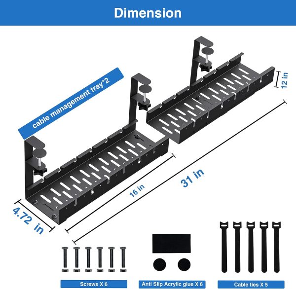 No Drilling Extendable Under Desk Cable Tray, Metal with Clamp, Retractable Power Strip Cord Holder for Wire Management 31Inch - Image 4