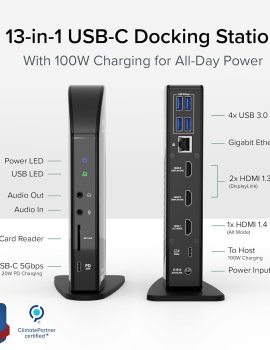 Plugable 13-in-1 USB-C Triple Monitor Docking Station, 100W Laptop Charging, DisplayLink Docking Station for Mac (Driver Req), Windows, Chrome (3 HDMI, 1 USB-C with 20W Charging, 4 USB, Ethernet, SD)