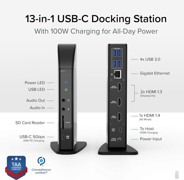 Plugable 13-in-1 USB-C Triple Monitor Docking Station, 100W Laptop Charging, DisplayLink Docking Station for Mac (Driver Req), Windows, Chrome (3 HDMI, 1 USB-C with 20W Charging, 4 USB, Ethernet, SD) - Image 2