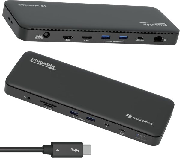 Plugable Thunderbolt 4 Dock with 100W Charging, Thunderbolt Certified, Laptop Docking Station Dual Monitor Single 8K or Dual 4K HDMI for Windows and Mac, 4X USB, Gigabit Ethernet (TBT4-UD5)