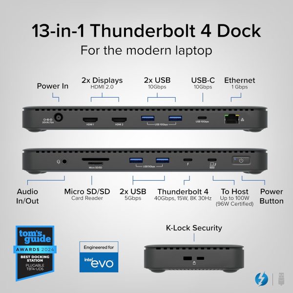 Plugable Thunderbolt 4 Dock with 100W Charging, Thunderbolt Certified, Laptop Docking Station Dual Monitor Single 8K or Dual 4K HDMI for Windows and Mac, 4X USB, Gigabit Ethernet (TBT4-UD5) - Image 2