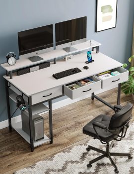 Rolanstar Computer Desk with Power Outlets & LED Light, 47 inch Home Office Desk with Drawers and Storage Shelves, Writing Desk with Monitor Stand, Modern Work Study Desk for Home Office, White