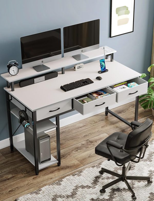 Rolanstar Computer Desk with Power Outlets & LED Light, 47 inch Home Office Desk with Drawers and Storage Shelves, Writing Desk with Monitor Stand, Modern Work Study Desk for Home Office, White - Image 2