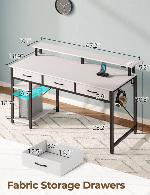 Rolanstar Computer Desk with Power Outlets & LED Light, 47 inch Home Office Desk with Drawers and Storage Shelves, Writing Desk with Monitor Stand, Modern Work Study Desk for Home Office, White - Image 3