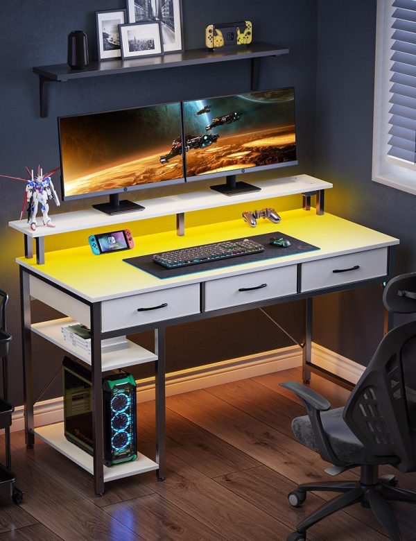Rolanstar Computer Desk with Power Outlets & LED Light, 47 inch Home Office Desk with Drawers and Storage Shelves, Writing Desk with Monitor Stand, Modern Work Study Desk for Home Office, White - Image 6