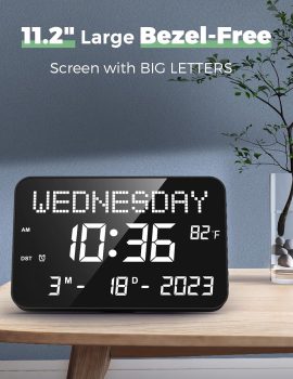 YORTOT 11.2″ Large Digital Calendar Clock with Day and Date – Remote Control, 4 Alarms & 8 Sounds, LED Digital Wall Clock with Loud Volume for Seniors, Dementia, Adjustable Dimmer | Temperature| DST