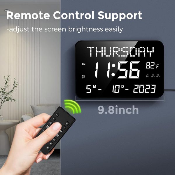 YORTOT 11.2" Large Digital Calendar Clock with Day and Date - Remote Control, 4 Alarms & 8 Sounds, LED Digital Wall Clock with Loud Volume for Seniors, Dementia, Adjustable Dimmer | Temperature| DST - Image 3