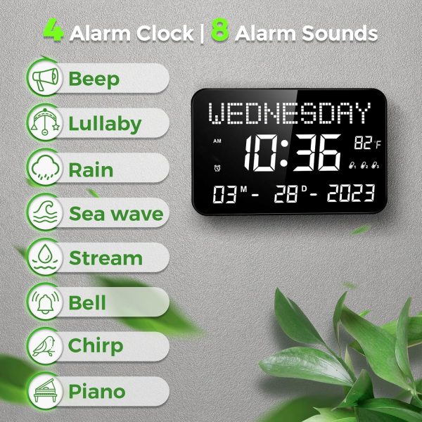 YORTOT 11.2" Large Digital Calendar Clock with Day and Date - Remote Control, 4 Alarms & 8 Sounds, LED Digital Wall Clock with Loud Volume for Seniors, Dementia, Adjustable Dimmer | Temperature| DST - Image 4
